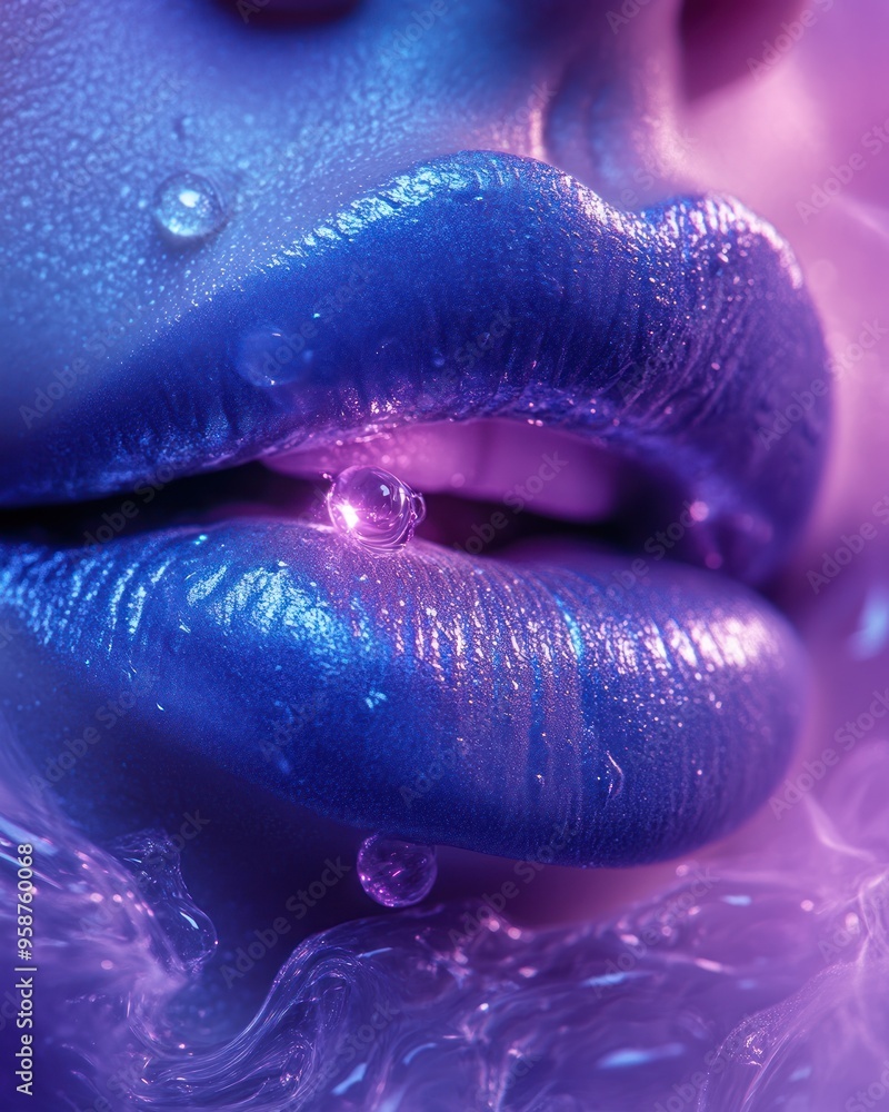Fototapeta premium Dripping blue lips with purple glow and water drops
