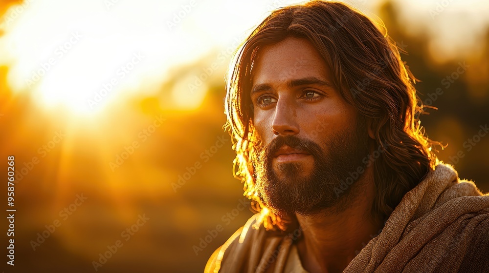 Jesus standing on the mount with a serene expression looking out over a vast landscape with soft golden light illuminating the scene Jesus standing on the mount with a serene expression looking out over a vast landscape with soft golden light illuminating the scene