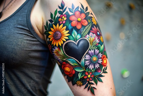 Vibrant colorful tattoo of a bold black heart surrounded by abstract flowers and leaves on a toned female photo