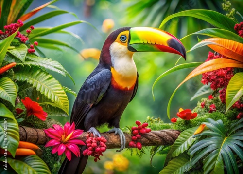 Vibrant, colorful toucan perches on a lush green branch, showcasing its distinctive oversized beak, surrounded by photo