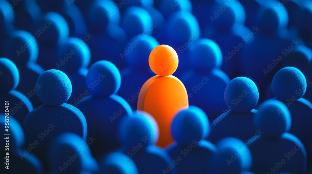 An orange figure stands out among a crowd of blue figures, symbolizing uniqueness and individuality in a sea of conformity. An orange figure stands out among a crowd of blue figures, symbolizing uniqueness and individuality in a sea of conformity.