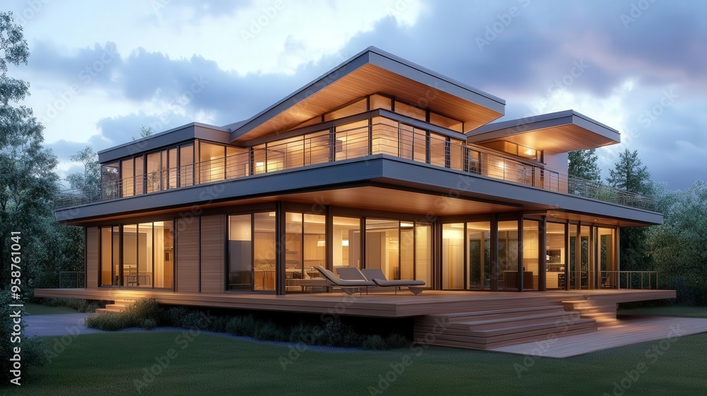 Fototapeta premium Modern house design with large glass windows and wooden elements, set in a serene landscape under a beautiful evening sky.