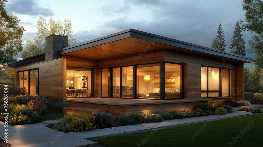 A modern wooden house with large windows and a cozy porch, surrounded by green trees under a partly cloudy sky. A modern wooden house with large windows and a cozy porch, surrounded by green trees under a partly cloudy sky.