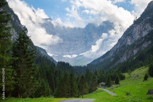 epic view on the mountain wall in clouds bordered by forest valley. hiking and travel concept