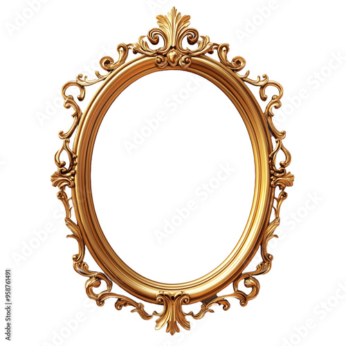 Golden wooden engraved frame on transparent white background PNG 