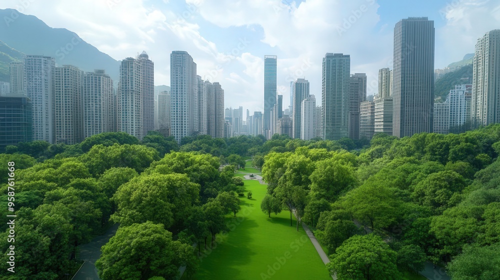 Fototapeta premium A stunning view of a lush green park surrounded by towering skyscrapers under a bright blue sky.