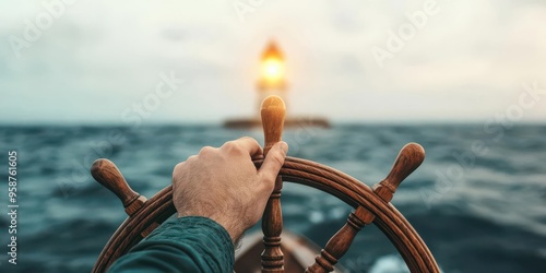 A hand adjusting a ship s wheel towards a glowing lighthouse on the horizon, representing steering in the right direction toward success