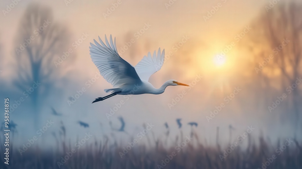 Obraz premium A serene scene of a white crane flying gracefully at sunrise over misty wetlands, showcasing nature's beauty and tranquility.