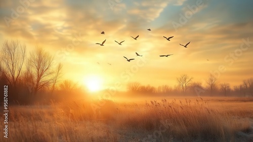 A serene sunrise over a misty field, with birds soaring in the sky, creating a tranquil atmosphere of nature's beauty.