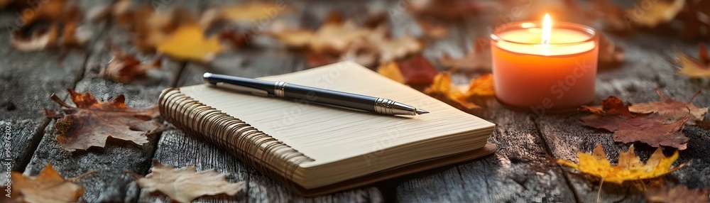 Autumn Thanksgiving Gratitude Journal with Candle and Leaves on Rustic Wooden Table Autumn Thanksgiving Gratitude Journal with Candle and Leaves on Rustic Wooden Table