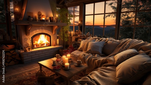 Cozy Cabin Interior with a Warm Fireplace