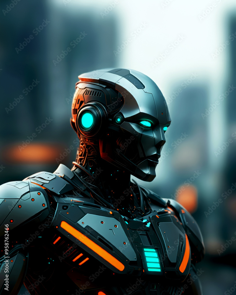 Futuristic humanoid robot with glowing eyes and urban landscape in background. AI concept. Futuristic humanoid robot with glowing eyes and urban landscape in background. AI concept.