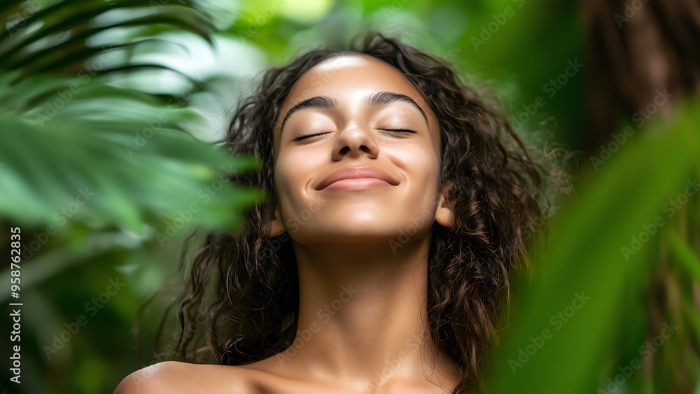Young beautiful woman taking fresh air in the green forest. Smiling woman taking deep breath, healing and relaxation Concept Young beautiful woman taking fresh air in the green forest. Smiling woman taking deep breath, healing and relaxation Concept