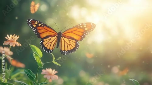 A vibrant butterfly flutters above blooming flowers, illuminated by warm sunlight, capturing the essence of nature's beauty.