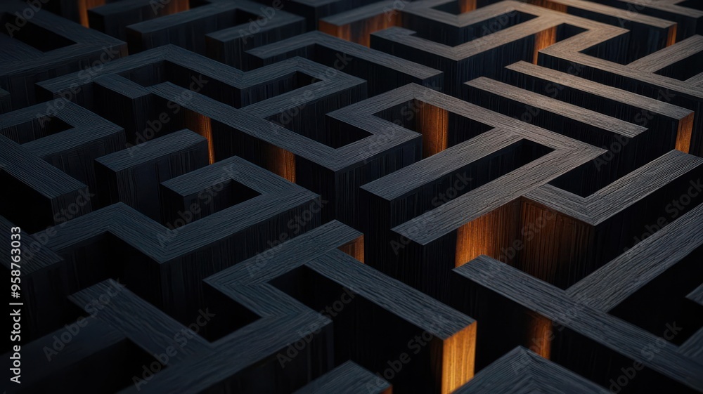 A complex maze with multiple exits, viewed from above, with only one leading to light, symbolizing the challenges of making the right choice A complex maze with multiple exits, viewed from above, with only one leading to light, symbolizing the challenges of making the right choice
