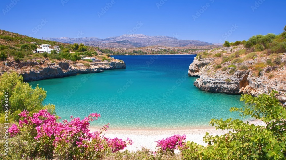 Obraz premium This stunning cove features crystal clear water and a white sand beach nestled between cliffs, adorned with vibrant pink bougainvillea, perfect for a romantic getaway