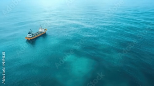 A serene view of a solitary ship floating on calm turquoise waters, capturing the essence of tranquility and maritime beauty.