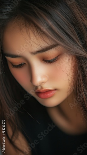 closeup of beautiful Asia woman, teen girl thinking to something with sadness ,loneliness and unhappy, heart broken woman