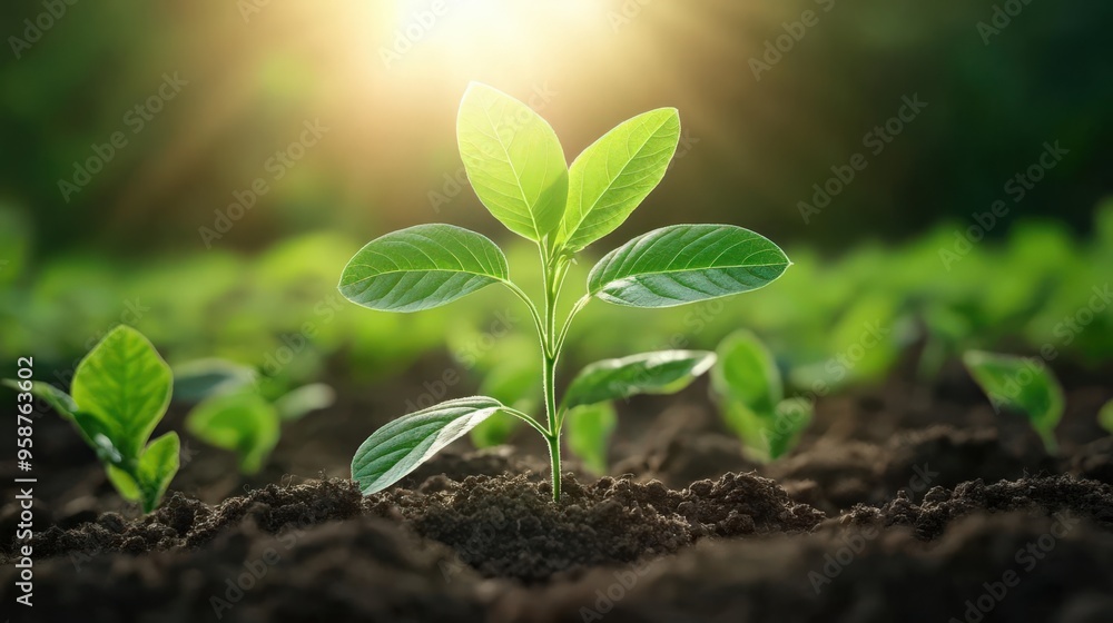 A young plant emerging from rich soil, basking in sunlight, symbolizing growth and renewal in nature. A young plant emerging from rich soil, basking in sunlight, symbolizing growth and renewal in nature.