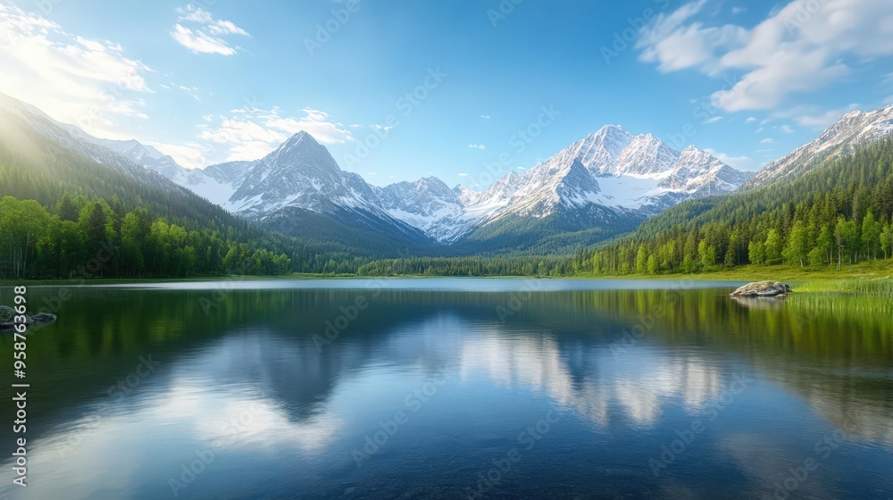 Stunning landscape of serene lake surrounded by majestic mountains under a clear blue sky, perfect for nature lovers and tranquility seekers. Stunning landscape of serene lake surrounded by majestic mountains under a clear blue sky, perfect for nature lovers and tranquility seekers.