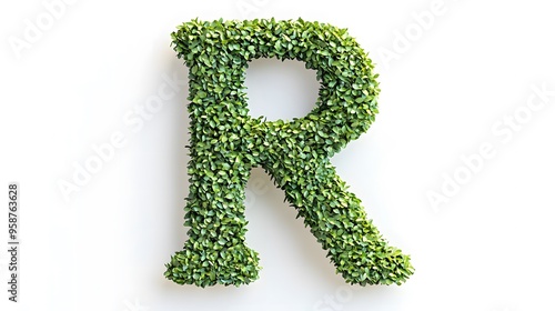 Hyper-Realistic Green Topiary Letter "R" Isolated on a White Background, Ideal for Eco-Friendly and Nature-Inspired Design Concepts