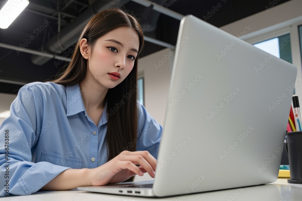 Focused young woman working on laptop in office Focused young woman working on laptop in office