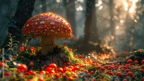 A single red and white mushroom with white spots stands out among a field of smaller red mushrooms in a forest with sunlight shining through the trees.