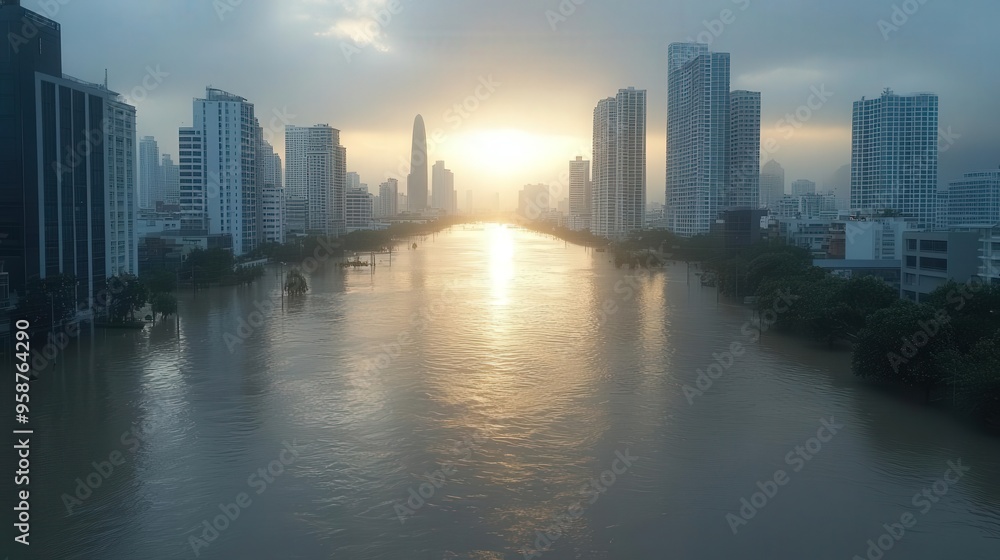 Fototapeta premium A stunning cityscape at sunset, showcasing a serene river surrounded by skyscrapers under a dramatic sky.