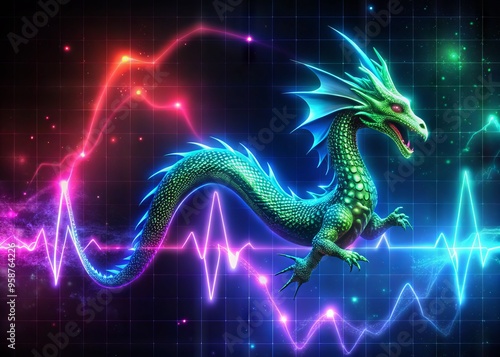 Vibrant digital artwork featuring a stylized dragon's body transformed into a flatline EKG waveform, symbolizing the photo