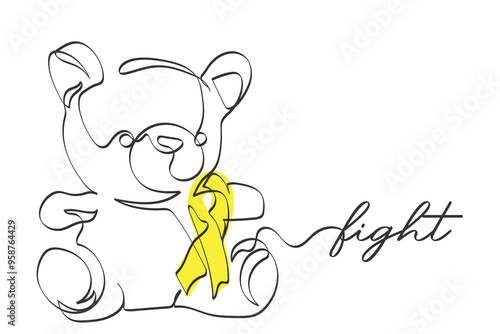 hand drawn line art vector of a teddy bear with yellow ribbon saying fight. Childhood cancer awareness.