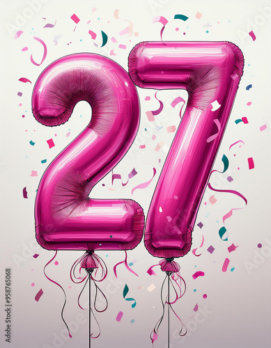 Pink birthday / anniversary balloon, number 27, white background with confetti photo