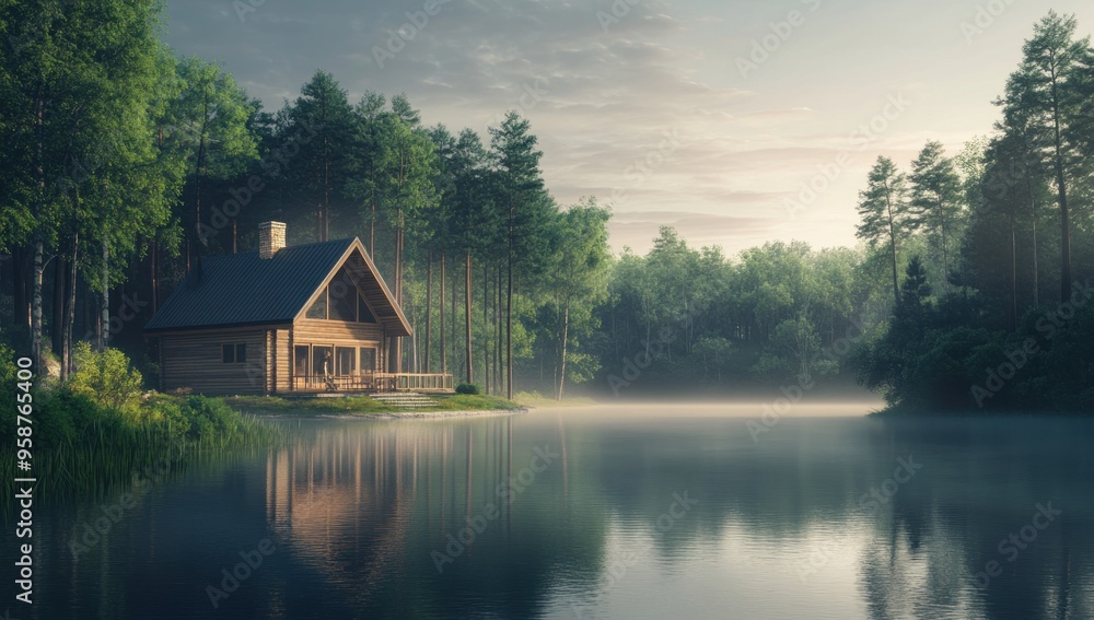Fototapeta premium Cabin by the Lake in Misty Forest