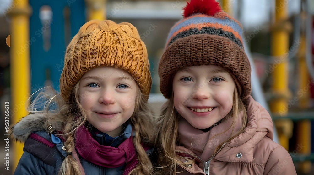 A cheerful image of two young girls dressed in warm winter clothing and knitted hats, smiling while enjoying outdoor playtime. Perfect for themes related to childhood, winter, and outdoor activities. A cheerful image of two young girls dressed in warm winter clothing and knitted hats, smiling while enjoying outdoor playtime. Perfect for themes related to childhood, winter, and outdoor activities.