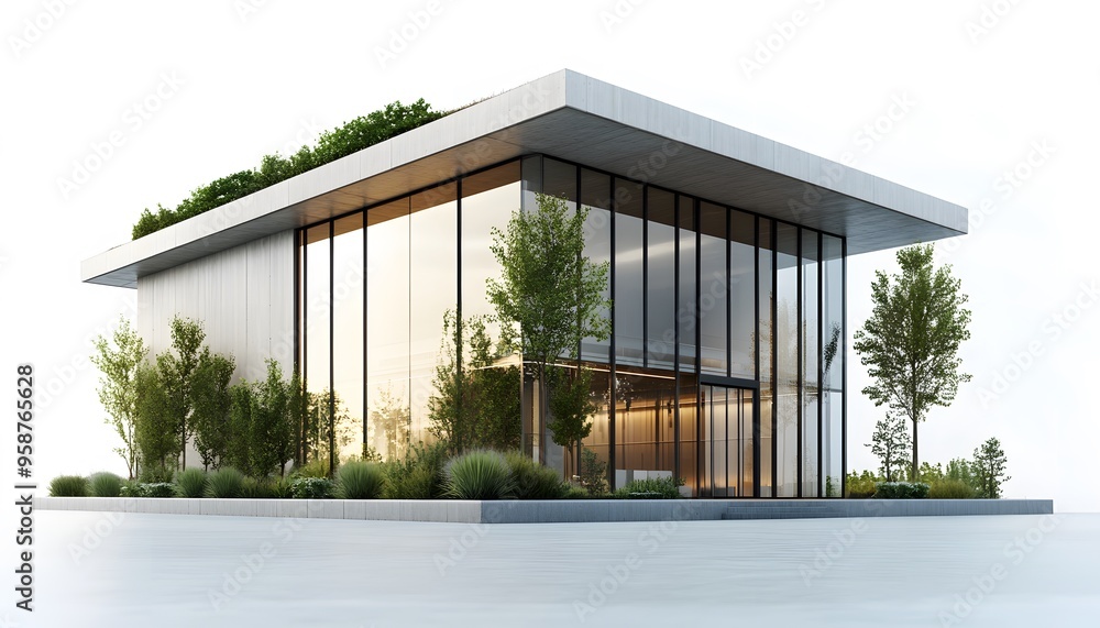 Modern Glass and Concrete Building with Green Roof and Landscaping Modern Glass and Concrete Building with Green Roof and Landscaping