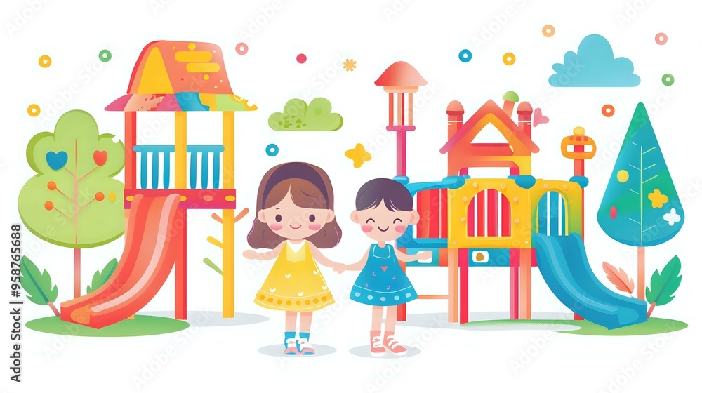 Obraz premium A colorful and playful illustration of two children standing in front of a vibrant playground, featuring slides, trees, and fun shapes. Perfect for children's themes, education, and playtime projects