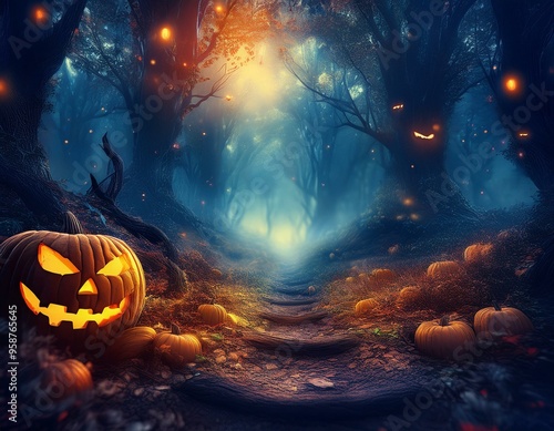 Spooky Halloween background. Full moon, a path in dark forest, surrounded with pumpkins,  jack-o-lanterns and old bare trees. 