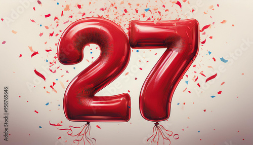 Red birthday / anniversary balloon, number 27, white background with confetti photo