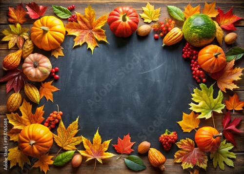 Vibrant fall-themed chalkboard design featuring seasonal icons, warm typography, and foliage illustrations, perfect for