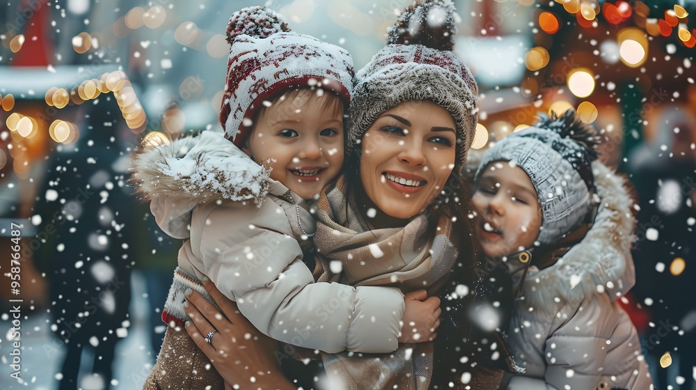 Happy mother and two children family at ski resort in winter time with snow mountain background Happy mother and two children family at ski resort in winter time with snow mountain background