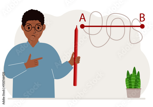 A man with a red pencil in his hand. A line is drawn from point A to point B, a straight and difficult path, the shortest distance to the goal, an easy or short path to success in business and life. V