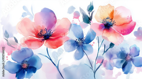 Eleganckie kwiaty przedstawione w delikatnym stylu akwarelowym, tworzą luksusowe elementy botaniczne, które idealnie nadają się na tło.