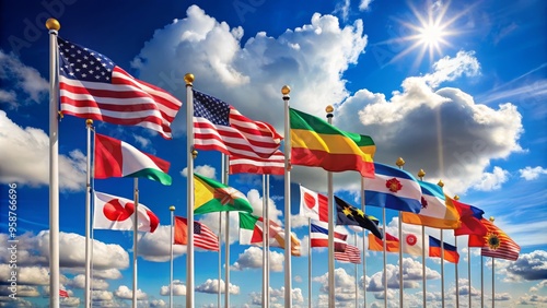 vibrant flags of diverse nations waving together, united in harmony, against a bright blue sky with fluffy white photo