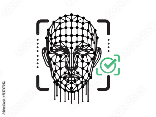 Face recognition icon, identity system recognize. Security digital scanner verification and identification.Biometric human analysis vector symbol. Machine learning systems, accurate facial recognition