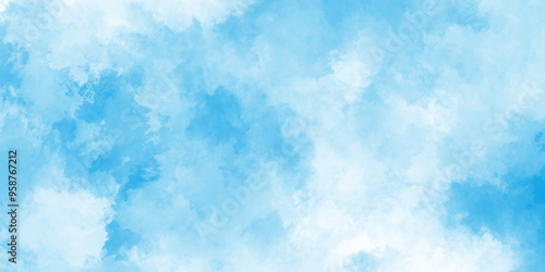 Natural Blue sky watercolor background texture for cover design, Grunge abstract cloudy blue smog texture art design, blue watercolor painting textured cloudy blue sky background.