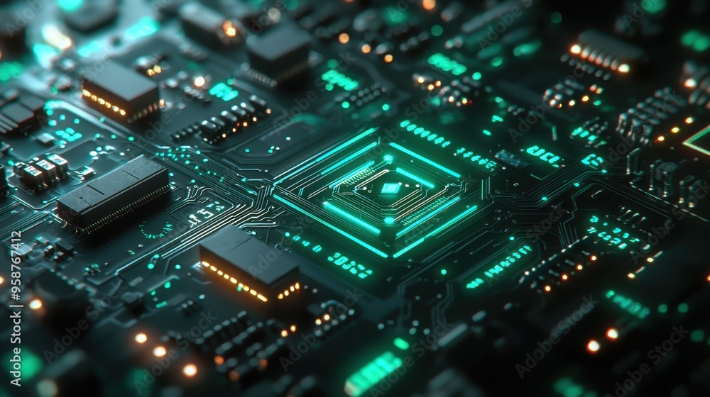 Futuristic Circuit Board Technology Concept in 2025 with Digital Glow - High-Tech Future Background Futuristic Circuit Board Technology Concept in 2025 with Digital Glow - High-Tech Future Background