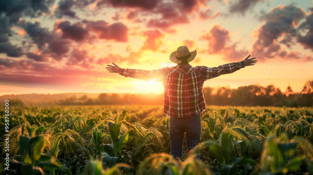 Fototapeta premium Rear view of happy farmer raise his arms in agriculture field at sunset.