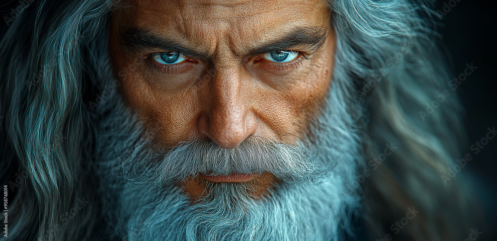 A man with a beard and long hair has a blue eye. He looks angry and is staring at the camera A man with a beard and long hair has a blue eye. He looks angry and is staring at the camera