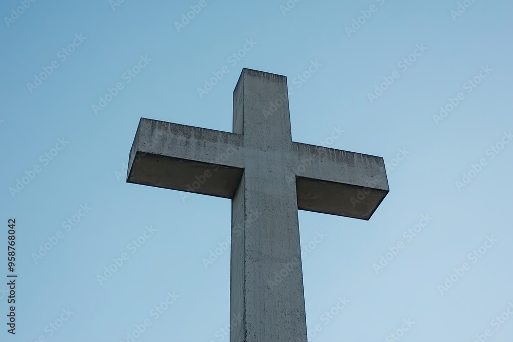 A Majestic Concrete Cross Set Against a Serene Sky A Majestic Concrete Cross Set Against a Serene Sky