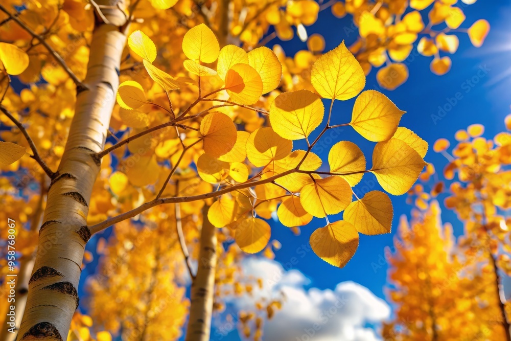 Vibrant golden aspen leaves quiver in the breeze, their delicate stems swaying gently against a crisp blue autumn Vibrant golden aspen leaves quiver in the breeze, their delicate stems swaying gently against a crisp blue autumn