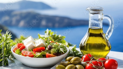 A vibrant Greek salad featuring fresh feta cheese, tomatoes, and olives is served beside a bottle of olive oil, with the stunning blue sea of Zakynthos in the background